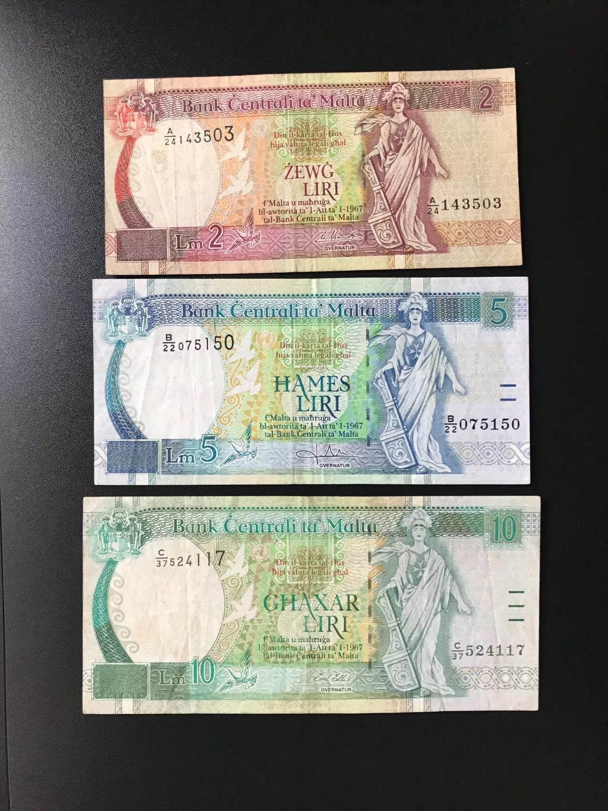 Malta 2, 5, 10 Lire Banknotes 1994 old A,B,C - Prefix Bank Bills 3pcs/Lot Set