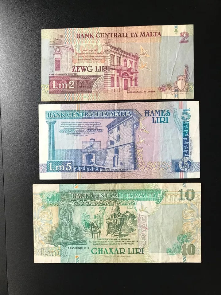 Malta 2, 5, 10 Lire Banknotes 1994 old A,B,C - Prefix Bank Bills 3pcs/Lot Set