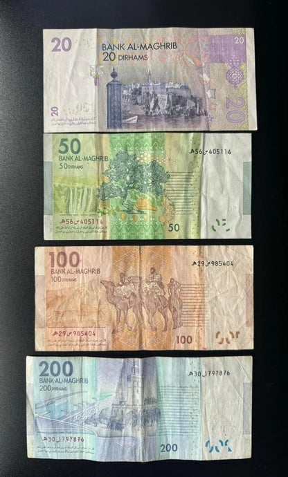 Morocco 20, 50, 100, 200 Dirhams Banknotes 2005- 2012 Circulated Bills 4Pcs/ Lot
