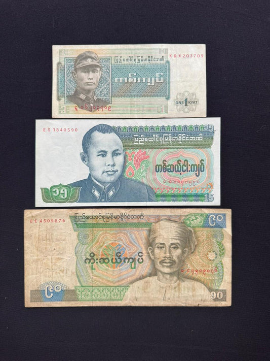 Burma / Myanmar 1, 15, 90 Kyats Banknotes old Circulated Paper Money Bank Bills 3Pcs/Lot