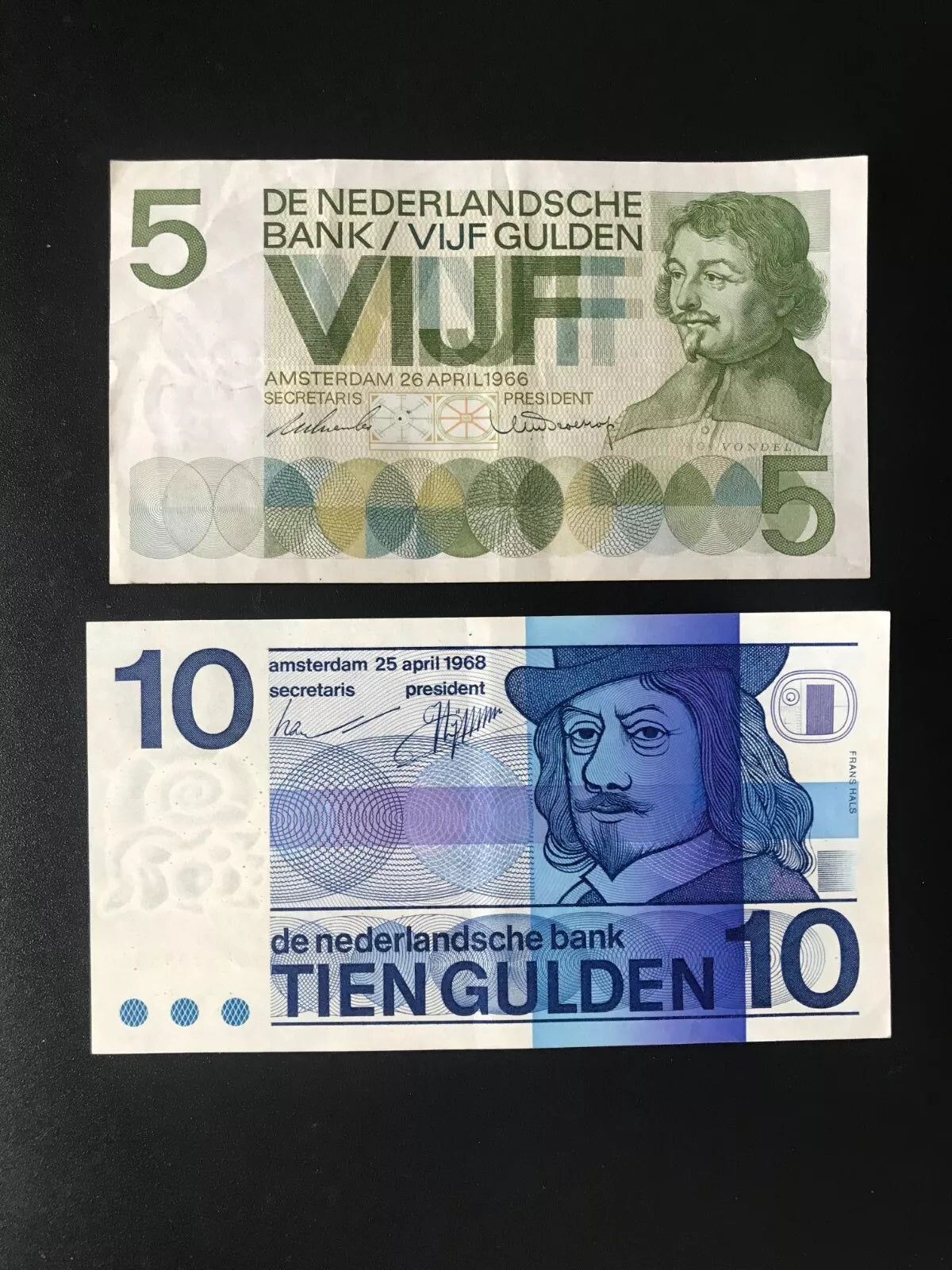 Netherlands 5, 10 Guldens Banknotes 1966-68 Old VF & Circulated Bills 2pcs/ Lot