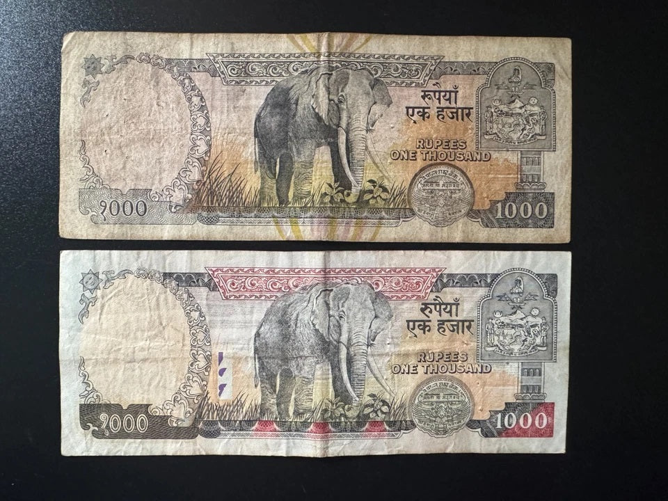 Nepal 1000 Rupees Banknotes 2000-2002 Old Circulated King Birendra Bills 2Pcs