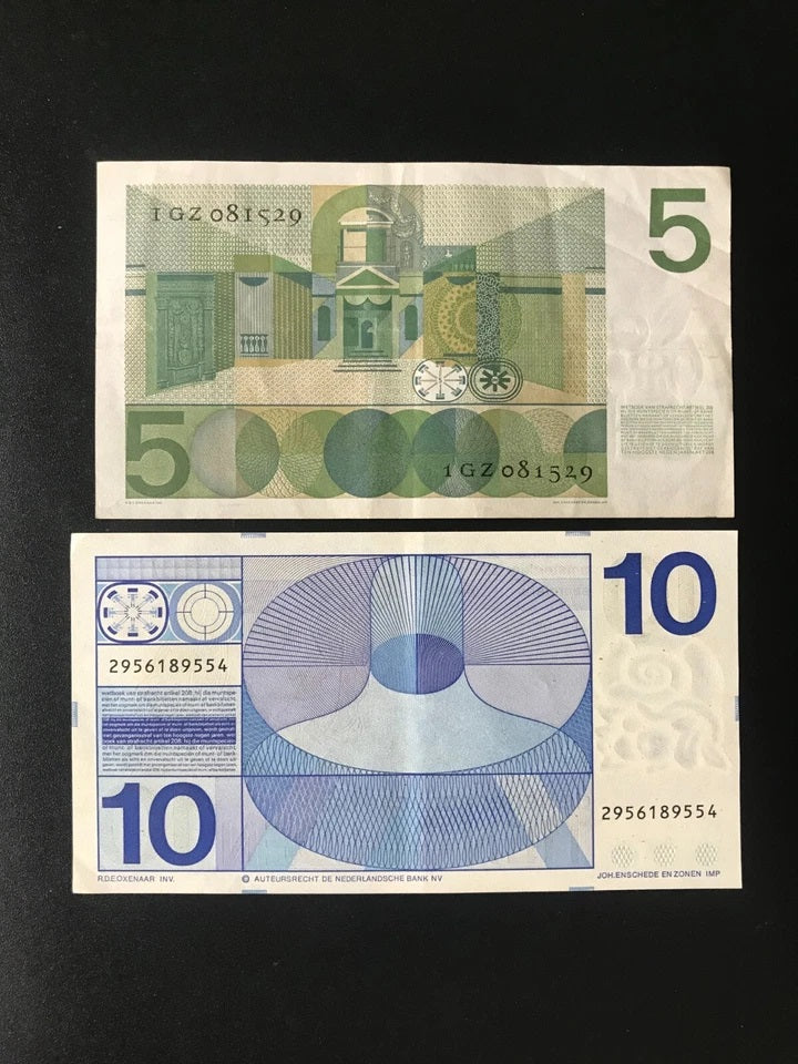 Netherlands 5, 10 Guldens Banknotes 1966-68 Old VF & Circulated Bills 2pcs/ Lot