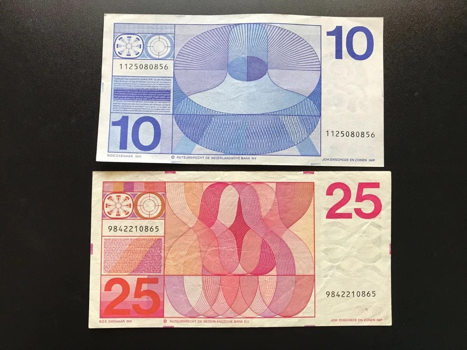 Netherlands 10, 25 Guldens Banknotes 1968-71 Old VF & Circulated Bills 2pcs/ Lot