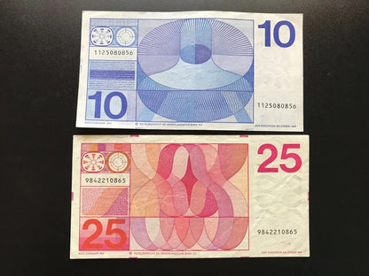 Netherlands 10, 25 Guldens Banknotes 1968-71 Old VF & Circulated Bills 2pcs/ Lot