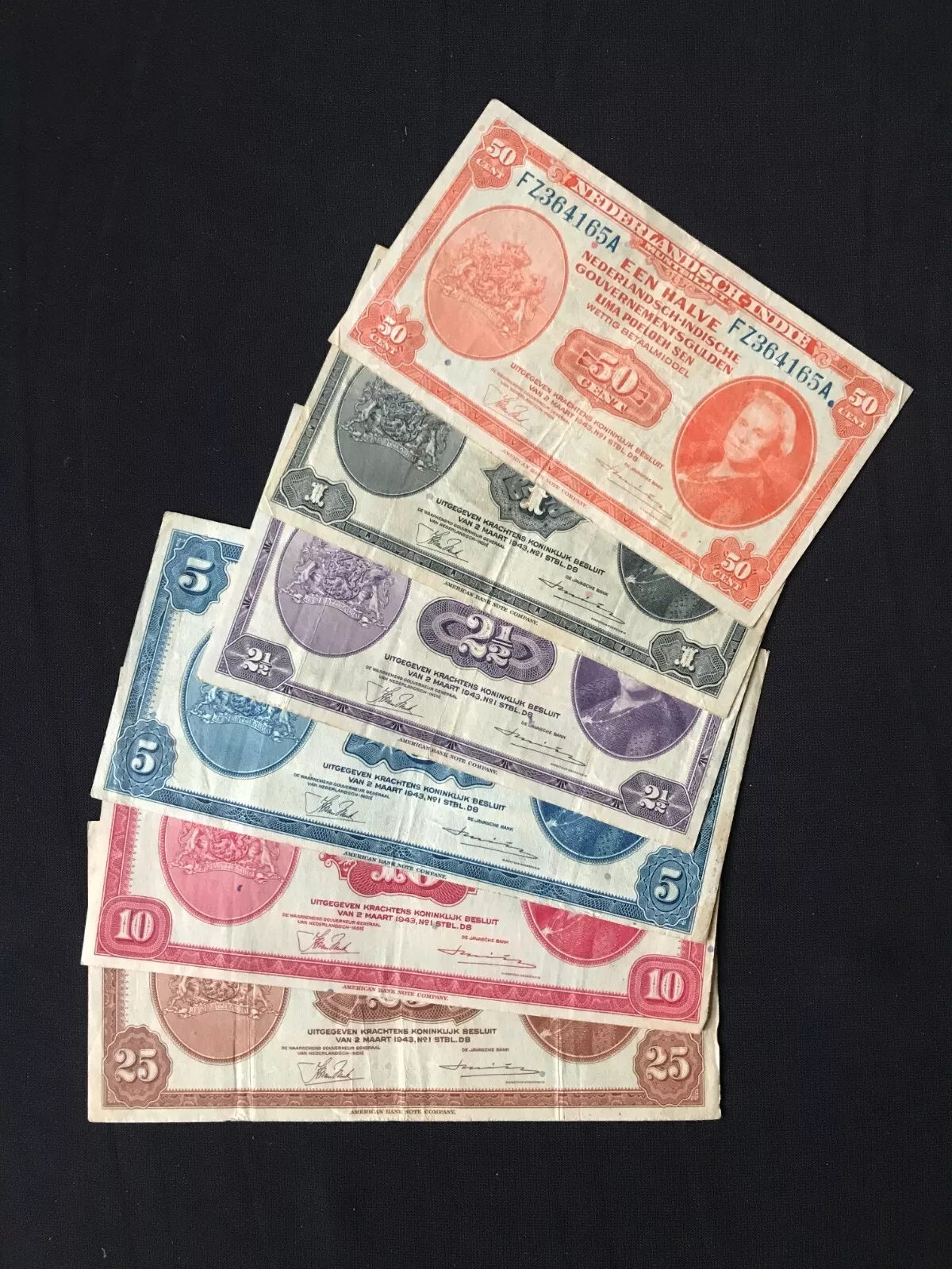 Netherlands Indies 50 Cents & 1, 2 1/2, 5, 10, 25 Gulden Banknotes 1943 Old Circulated Bank Bill 6 pcs/Lot Set