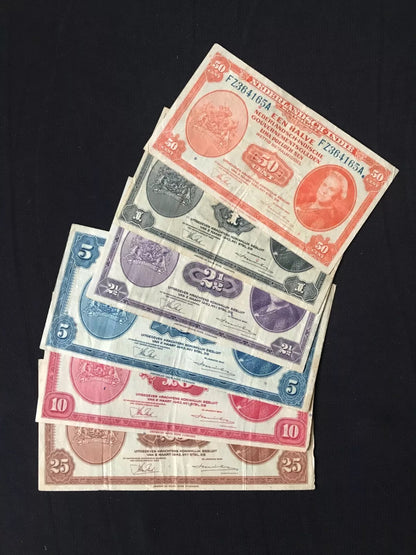 Netherlands Indies 50 Cents & 1, 2 1/2, 5, 10, 25 Gulden Banknotes 1943 Old Circulated Bank Bill 6 pcs/Lot Set
