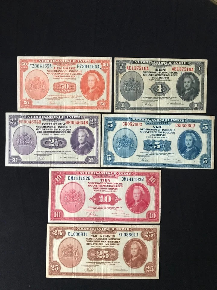 Netherlands Indies 50 Cents & 1, 2 1/2, 5, 10, 25 Gulden Banknotes 1943 Old Circulated Bank Bill 6 pcs/Lot Set
