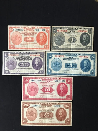 Netherlands Indies 50 Cents & 1, 2 1/2, 5, 10, 25 Gulden Banknotes 1943 Old Circulated Bank Bill 6 pcs/Lot Set