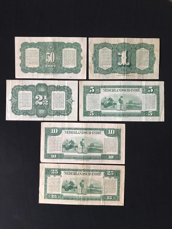 Netherlands Indies 50 Cents & 1, 2 1/2, 5, 10, 25 Gulden Banknotes 1943 Old Circulated Bank Bill 6 pcs/Lot Set