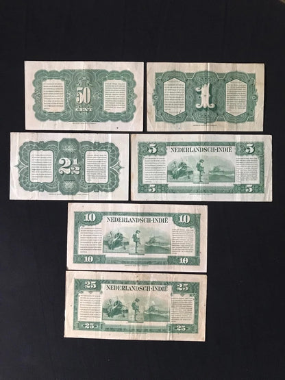Netherlands Indies 50 Cents & 1, 2 1/2, 5, 10, 25 Gulden Banknotes 1943 Old Circulated Bank Bill 6 pcs/Lot Set