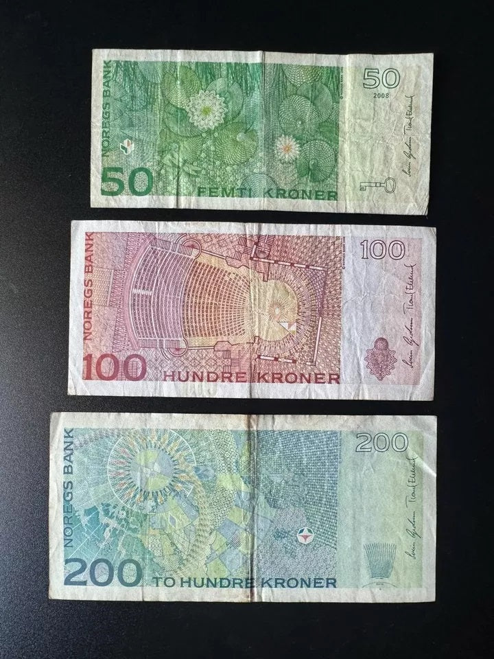 Norway 50, 100, 200 Kroner Banknotes 2008-09-10 Circulated Bank Bills 3pcs/ Lot