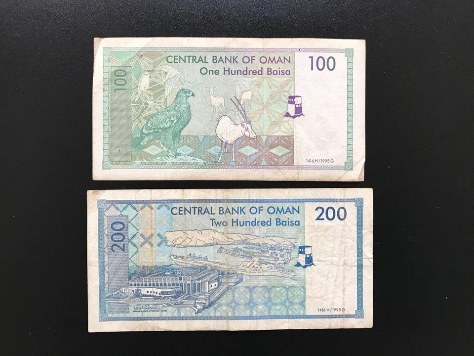 Oman 100, 200 Baisa Banknotes 1995 Old Circulated Paper Bank Bills 2Pcs/Lot Set