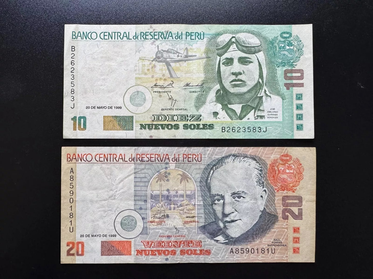 Peru 10, 20 Nuevos Soles Banknotes 1999 "Printer BABN" Issue Very Rare Date 2pcs/Lot
