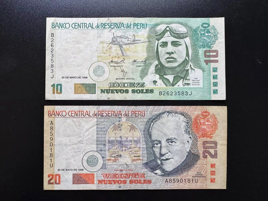 Peru 10, 20 Nuevos Soles Banknotes 1999 "Printer BABN" Issue Very Rare Date 2pcs/Lot