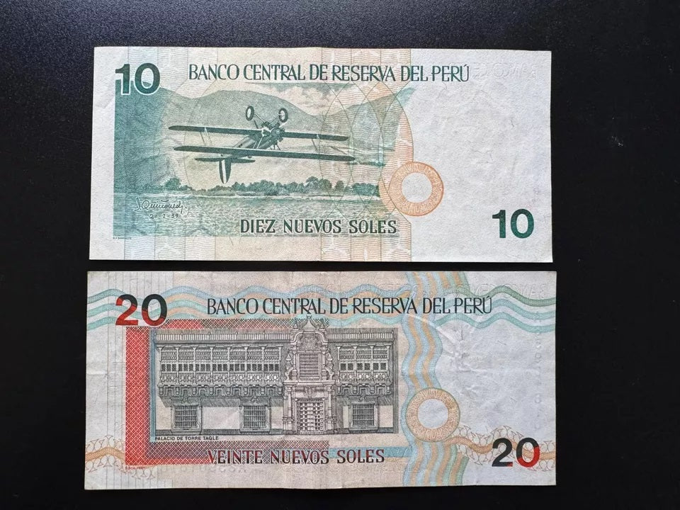 Peru 10, 20 Nuevos Soles Banknotes 1999 "Printer BABN" Issue Very Rare Date 2pcs/Lot