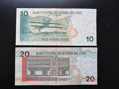 Peru 10, 20 Nuevos Soles Collectible Banknotes 1999 | VF-Circulated | "Printer BABN" Issue | 2pcs/Lot
