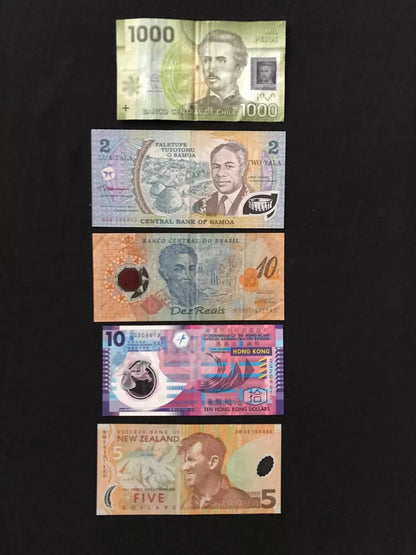 5 Countries Polymer Banknotes Circulated & VF Paper Money Bank Bills 5Pcs/Lot