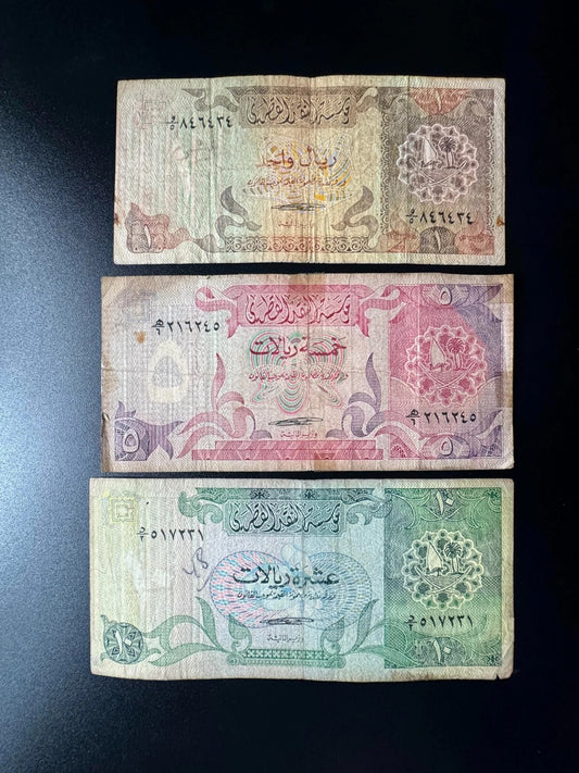 Qatar 1, 5, 10, Riyals Banknotes 1980 2nd Issue Single Sign Bills 3Pcs/ Lot set