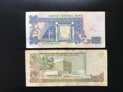 Qatar 50, 100 Riyals Banknotes 1996 Old Circulated Paper Bank Bills 2Pcs/Lot