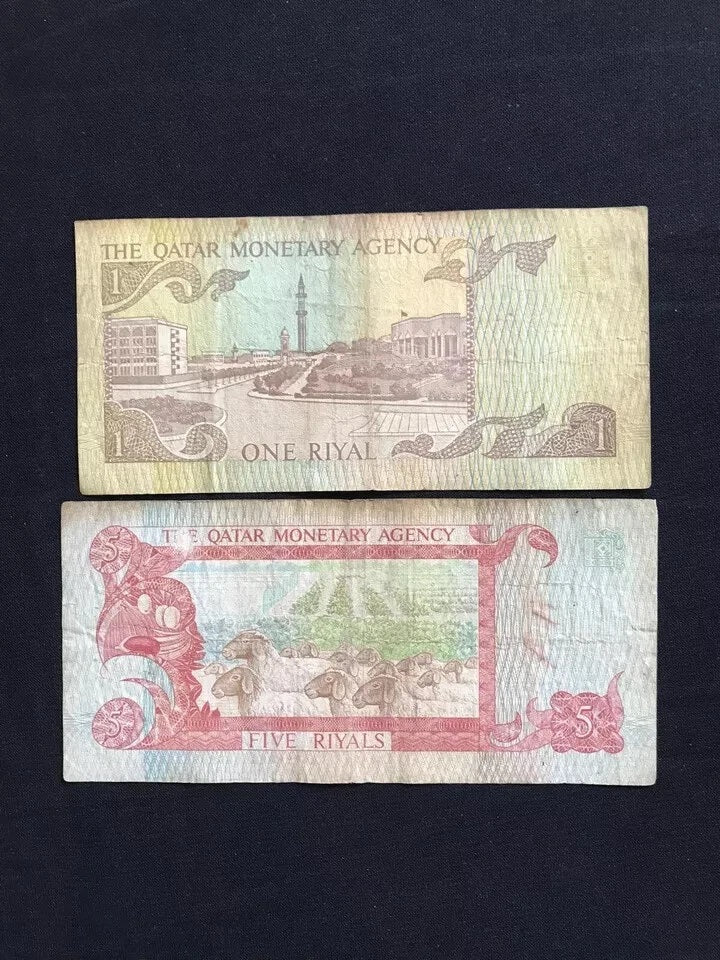 Qatar 1, 5 Riyals Banknotes 1980 Old Circulated 2nd Arms Issue Rare Bills 2pcs/lot