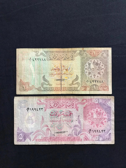 Qatar 1, 5 Riyals Banknotes 1980 Old Circulated 2nd Arms Issue Rare Bills 2pcs/lot