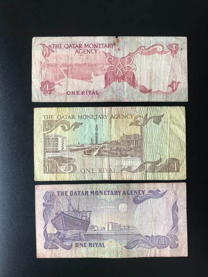 Qatar 1 Riyal Banknotes 1973-1980-1985 1st Issue & 2nd Arms Issue Bills 3Pcs/Lot
