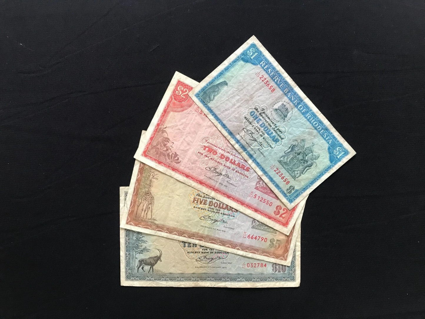 Rhodesia 1, 2, 5, 10 Dollars Banknotes 1979 Old Rare Circulated Bills 4Pcs / Lot