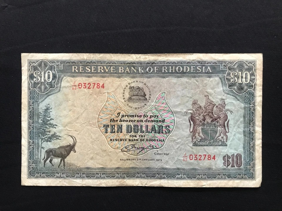 Rhodesia 1, 2, 5, 10 Dollars Banknotes 1979 Old Rare Circulated Bills 4Pcs / Lot