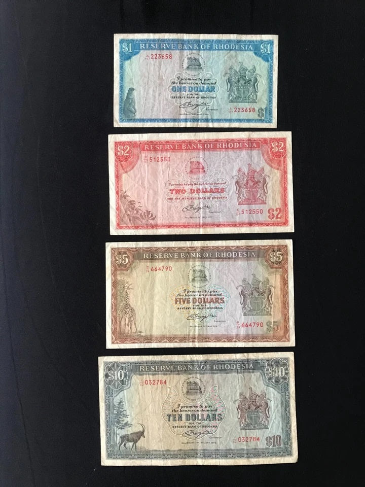 Rhodesia 1, 2, 5, 10 Dollars Banknotes 1979 Old Rare Circulated Bills 4Pcs / Lot