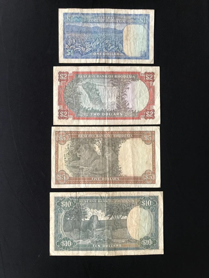 Rhodesia 1, 2, 5, 10 Dollars Banknotes 1979 Old Rare Circulated Bills 4Pcs / Lot