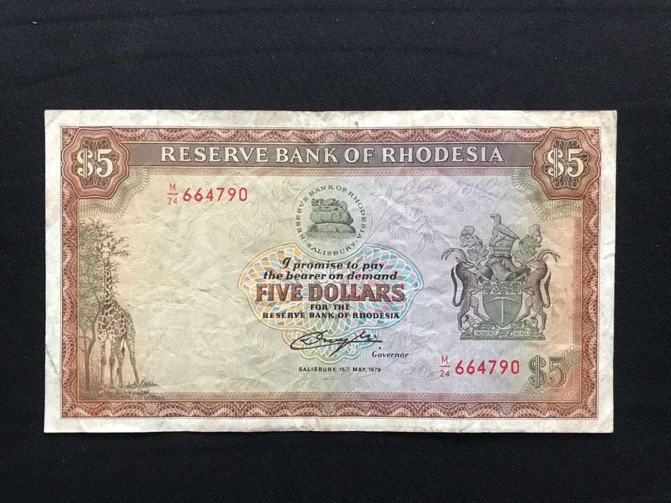 Rhodesia 1, 2, 5, 10 Dollars Banknotes 1979 Old Rare Circulated Bills 4Pcs / Lot