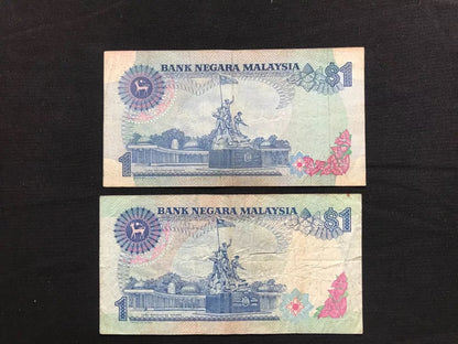 Malaysia 1 Ringgit 2 type Banknotes 1981-89 King Tuanku Abdul Circulated Bills 2 Pcs/Lot