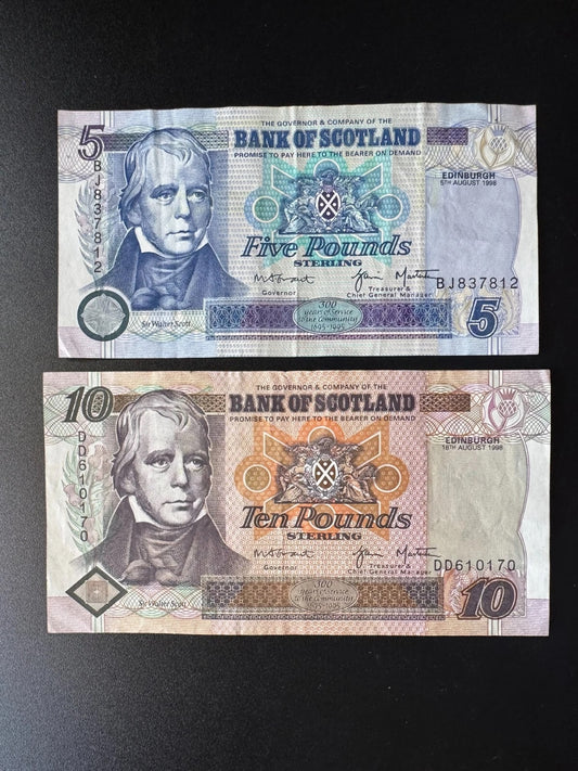 Bank of Scotland 5, 10 Pounds Banknotes 1998 Old VF Bank Bills 2Pcs/ Lot