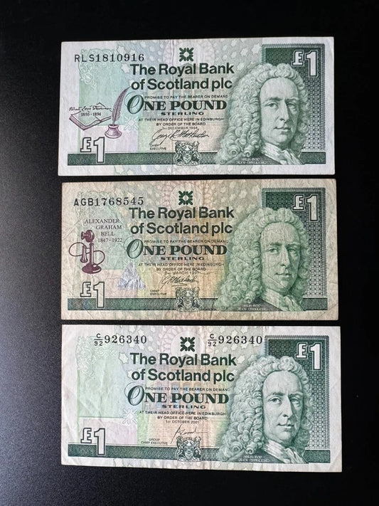 Scotland 1 Pound Banknotes 1994-1997-2001 Old VF-Circulated 3 type Bank Bills Lot