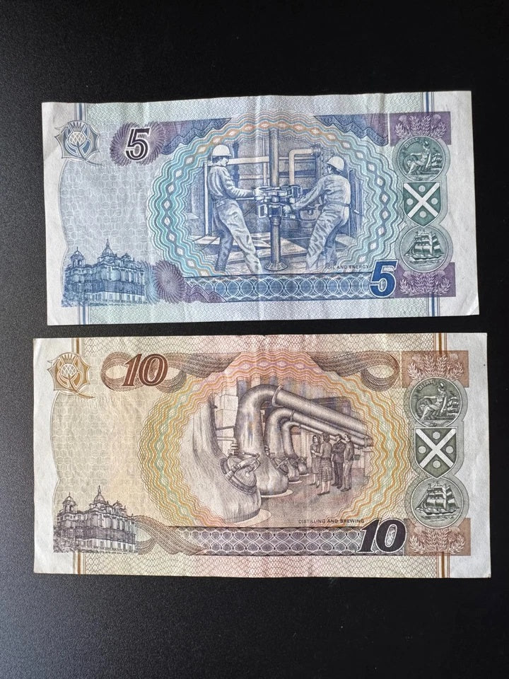 Bank of Scotland 5, 10 Pounds Banknotes 1998 Old VF Bank Bills 2Pcs/ Lot