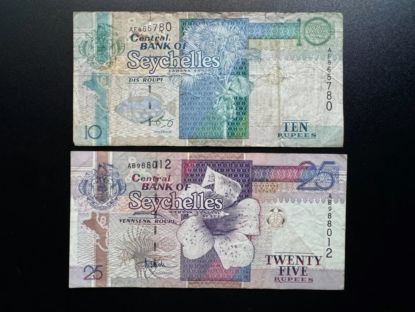 Seychelles 10, 25 Rupees Banknotes 1998-2008 Old Circulated Bank Bills 2pcs / Lot