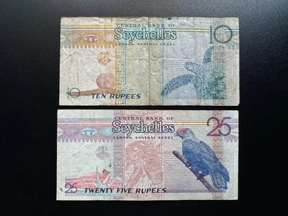 Seychelles 10, 25 Rupees Banknotes 1998-2008 Old Circulated Bank Bills 2pcs / Lot