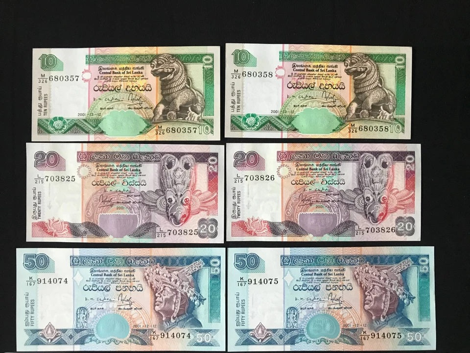 Sri Lanka 10-1000 Rupees Banknotes 2001 UNC Pair S/N Consecutive Number Full set 12Pcs/Lot