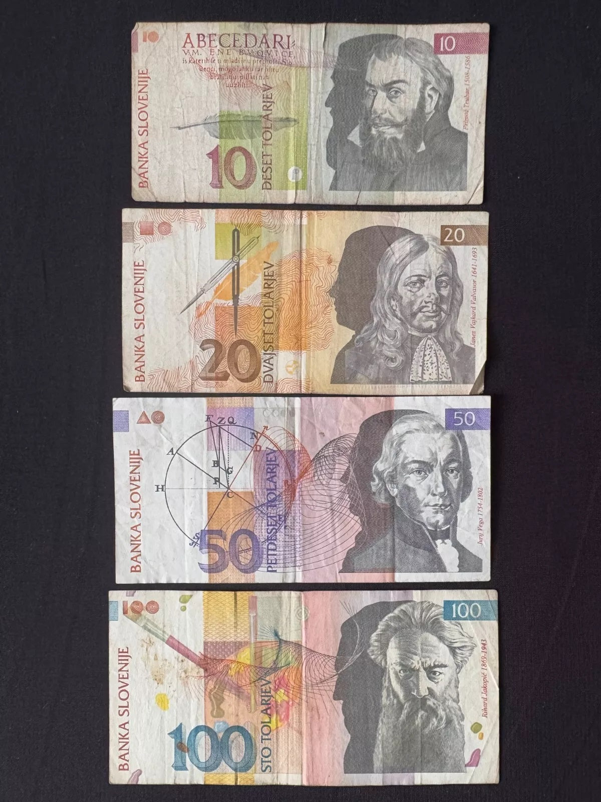 Slovenia 10, 20, 50, 100 Tolar Banknotes Old Circulated Bills 4Pcs / Lot Set