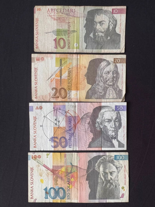 Slovenia 10, 20, 50, 100 Tolar Banknotes Old Circulated Bills 4Pcs / Lot Set