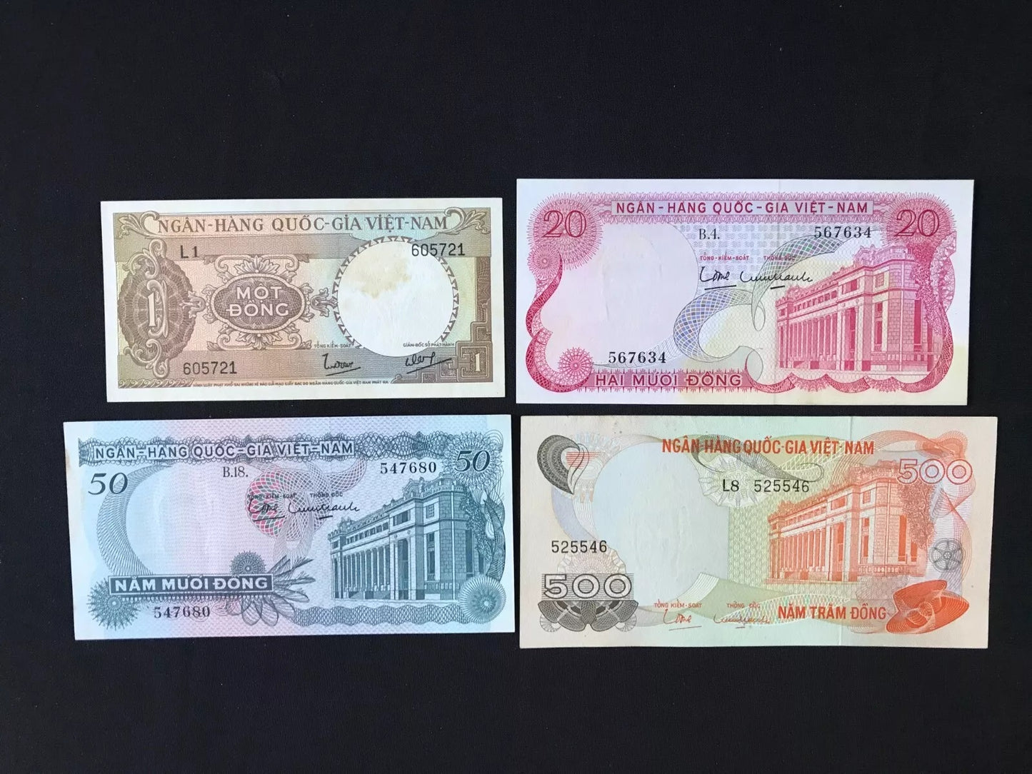 South Vietnam 1, 20, 50, 500 Dong Banknotes old VF 4pcs/lot Paper Bank Bills