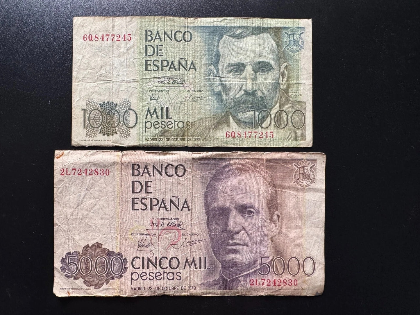 Espana/ Spain 1000, 5000 Pesetas Banknotes 1979 Old Circulated Bills 2 Pcs/ Lot