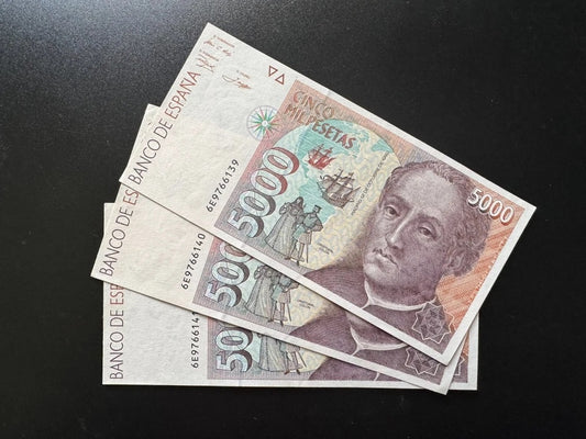 Spain 5000 Pesetas Banknotes 1992 Old UNC Bills Consecutive Numbers 3 Pcs / Lot