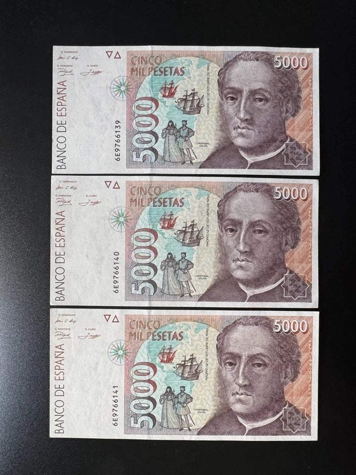 Spain 5000 Pesetas Banknotes 1992 Old UNC Bills Consecutive Numbers 3 Pcs / Lot