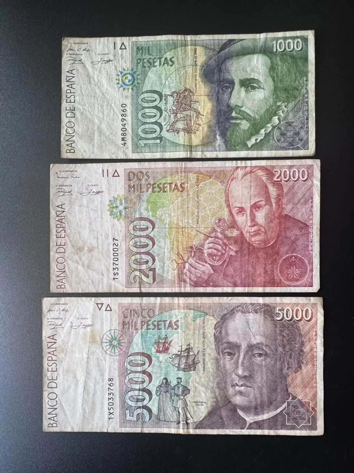Espana / Spain 1000, 2000, 5000 Pesetas Banknotes 1992 Old Bank Bills 3Pcs /Lot
