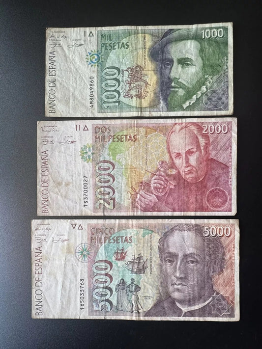 Espana / Spain 1000, 2000, 5000 Pesetas Banknotes 1992 Old Bank Bills 3Pcs /Lot