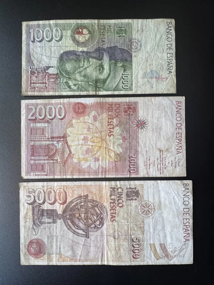 Espana / Spain 1000, 2000, 5000 Pesetas Banknotes 1992 Old Bank Bills 3Pcs /Lot