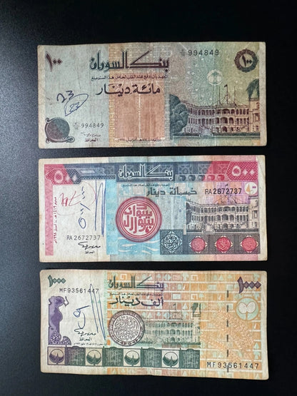 Sudan 100, 500, 1000 Dinars Banknotes 1994-96-98 old Circulated Bank Bills 3 Pcs / Lot