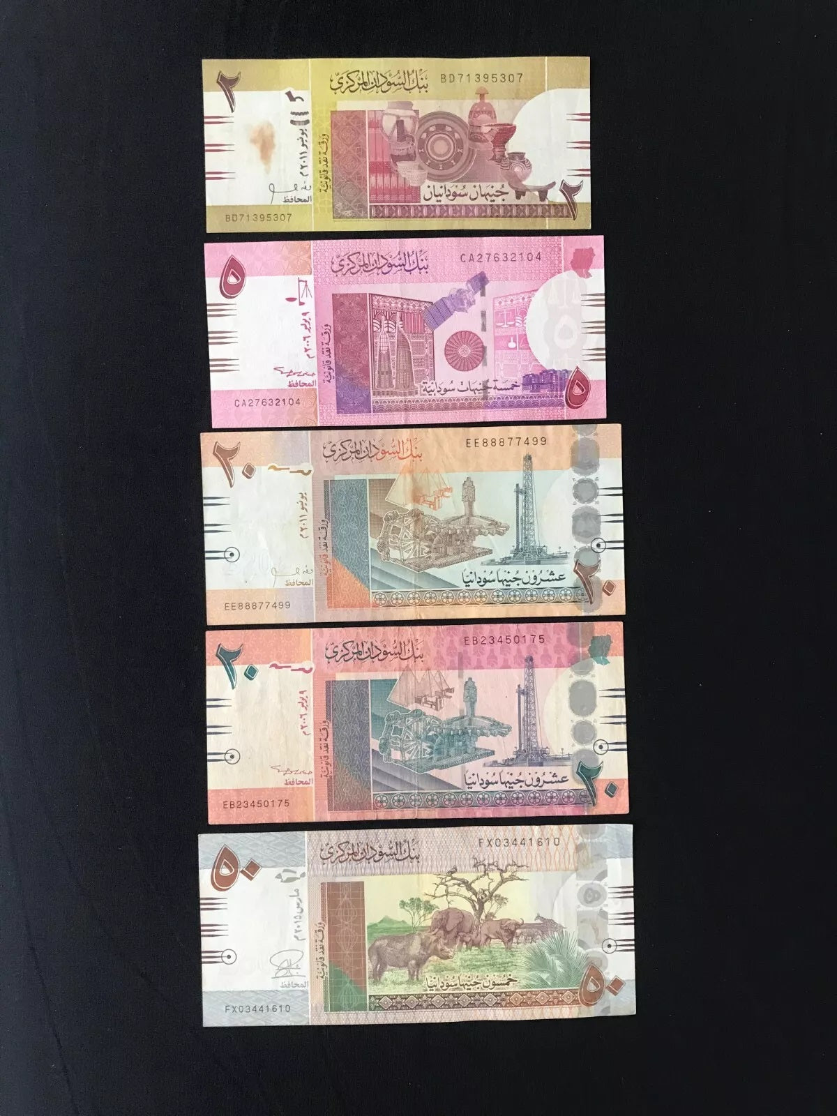 Sudan 2, 5, 20, 50 Pounds Banknotes 2006-2011 Circulated Bank Bills 5Pcs/Lot Set